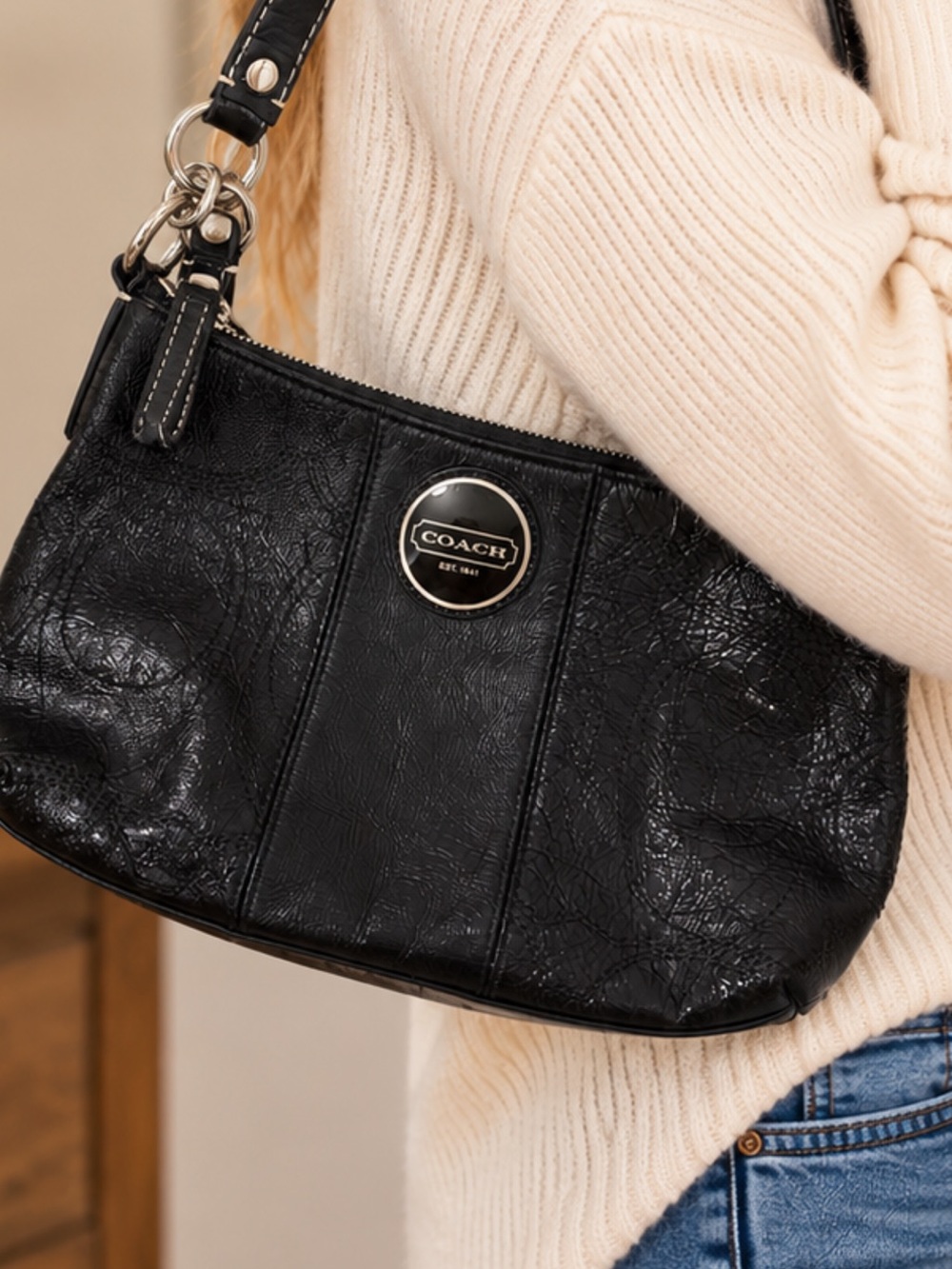 Coach Signature Stitched Patent Leather Demi Hobo Shoulder Bag.